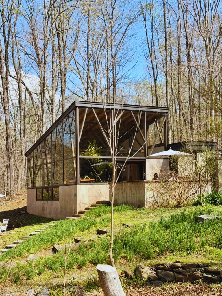 橡木林裡的玻璃屋，維吉尼亞州春日